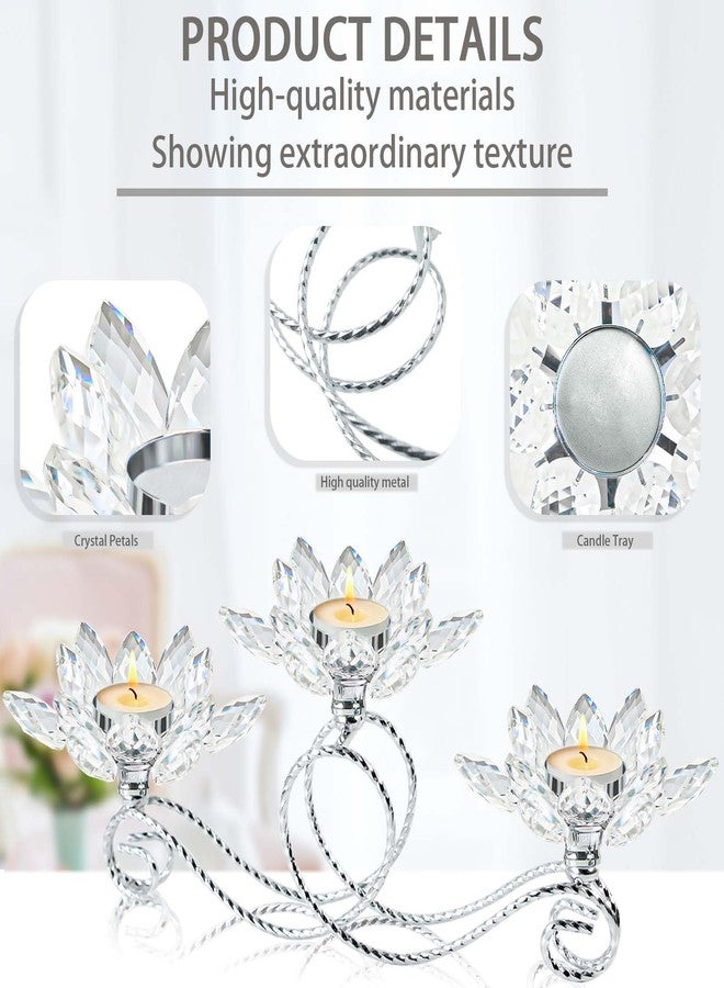 kehail 2Pcs Siver Kehail Crystal Metal Tea Light Candle Holder Set, 3-Arm Flower Shaped Crystal Votive Candlestick Holders for Table Centerpiece, Wedding Shower, Party and Home Decor - Image 3